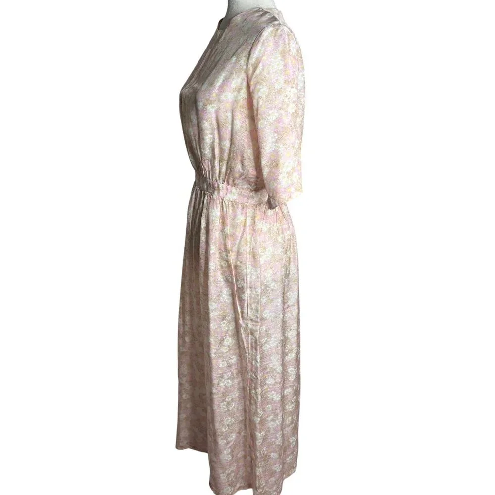 Vintage 50s Sheer Floral Day Dress Small Beige Pink Metal Zipper Short Sleeves